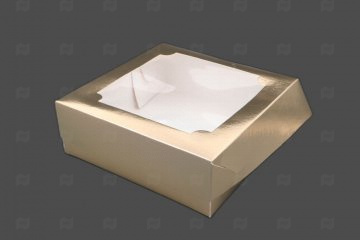 Купить Коробка с окном 200х200х70мм для зефира и печенья золото. Мир упаковки