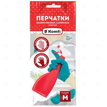 картинка Перчатки хоз латексные бежевый-бирюзовый М 2шт Komfi Мир упаковки