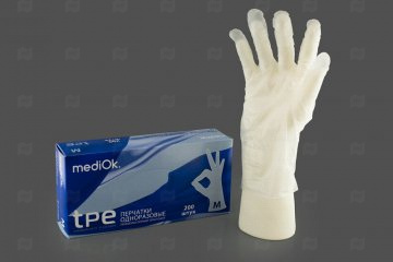Купить Перчатки одноразовые из термопластичного эластомера прозрачные р-р M (200шт). Мир упаковки
