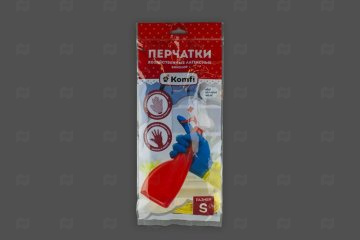картинка Перчатки хоз латексные с хлоп напылением синий-желтый S 2шт Komfi   Мир упаковки