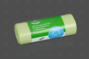 картинка Пакеты д/мусора ПНД 60л биоразлагаемые с/з One Time 600*760мм 19мк рулон 16шт зеленые в обечайке Мир упаковки