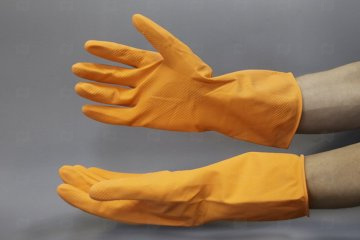 картинка Перчатки хоз резиновые с хлоп напылением оранжевые S 2шт Премиум OptiLine Мир упаковки